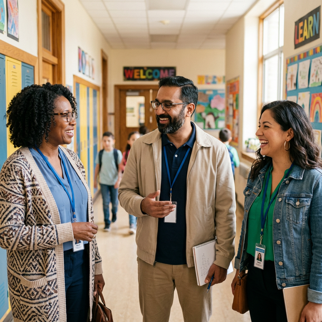 Three educators talking together in a school hallway